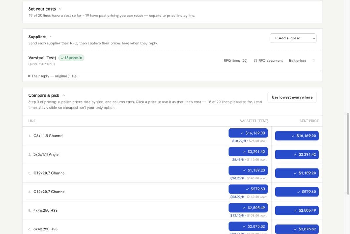 MetalQuoteHQ supplier comparison screen showing metal line items and selected supplier prices